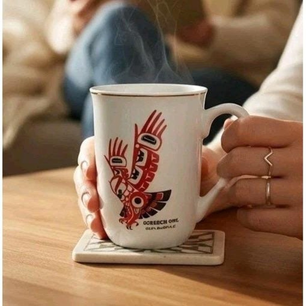 Haida Nation Artist‎ Glen Rabena Vintage Red Screech Owl On White Porcelain Mug - Picture 3 of 10